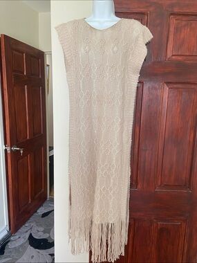 Pretty Angel Neutral Beige Crochet Fringe Maxi Dress